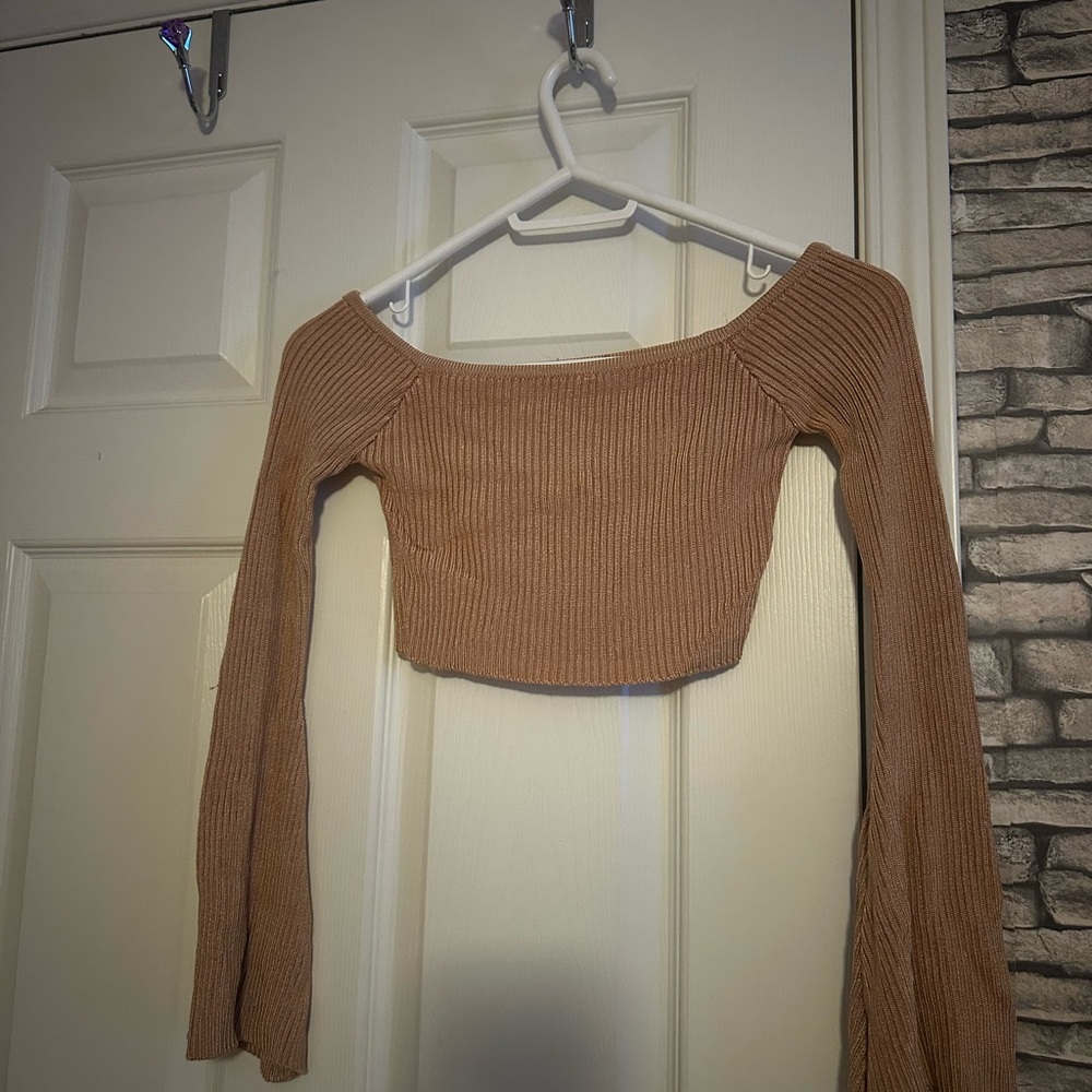 Tan Off-Shoulder Ribbed Sweater